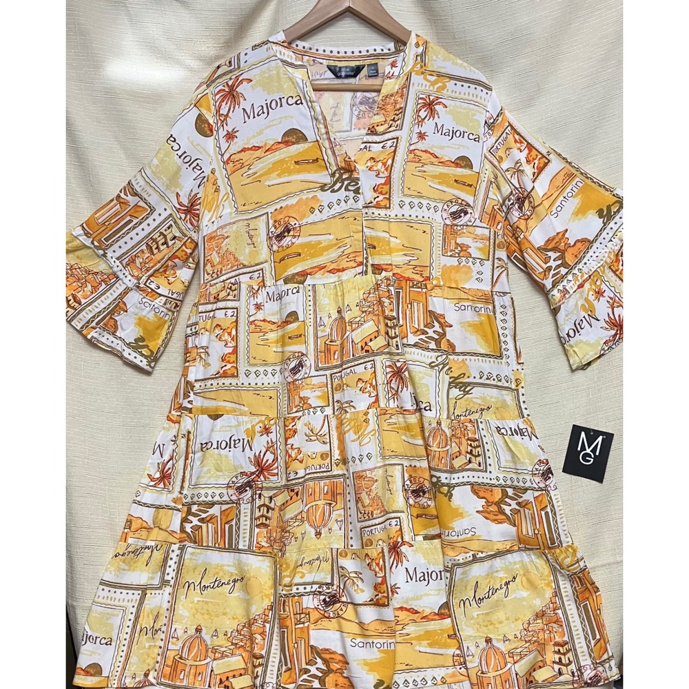 Mlle Gabrielle Tiered Dress Women M Yellow Excellent Postcard Travel Print Midi